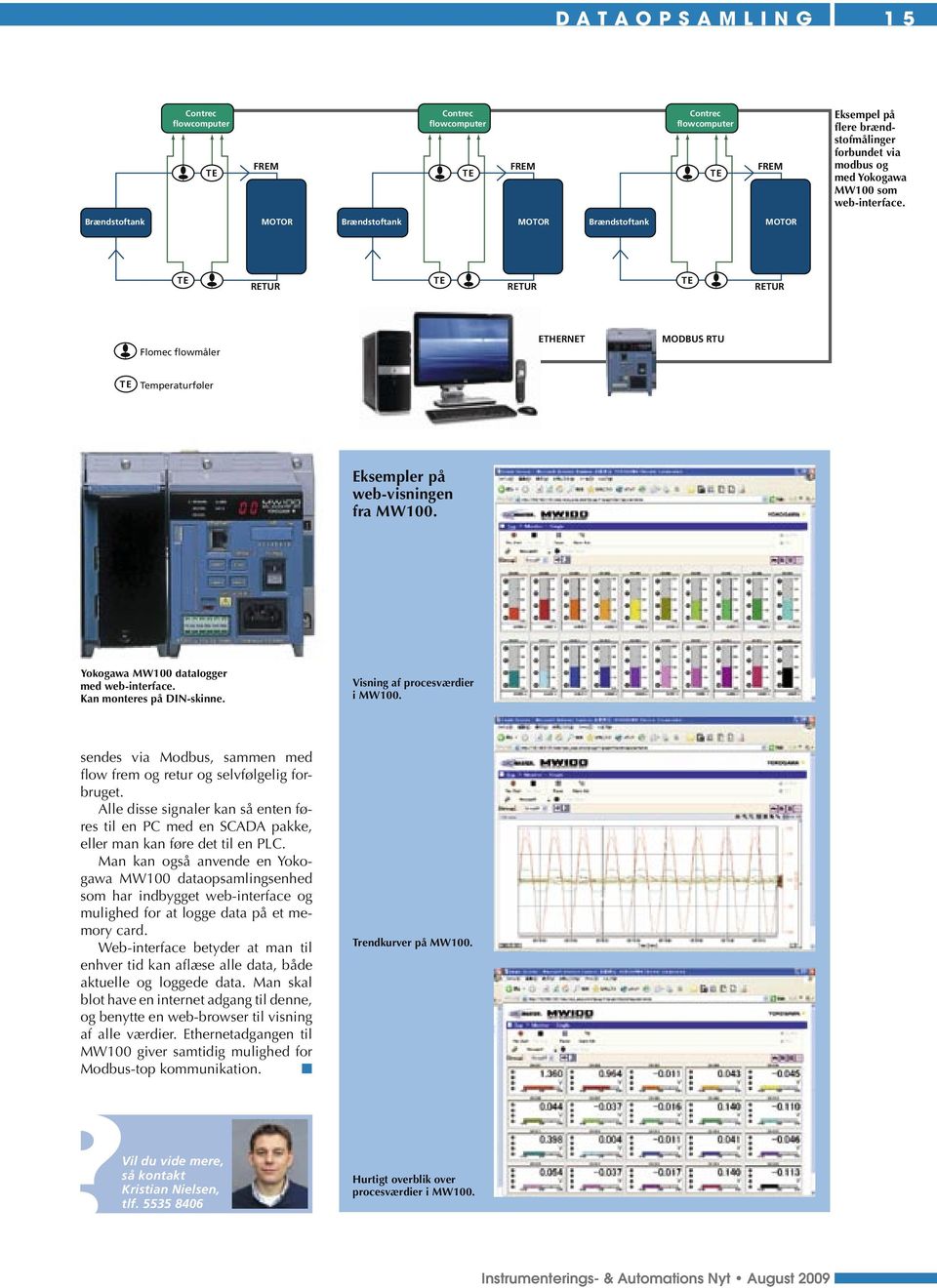 Yokogawa MW100 datalogger med web-interface. Kan monteres på DIN-skinne. Visning af procesværdier i MW100. sendes via Modbus, sammen med flow frem og retur og selvfølgelig forbruget.