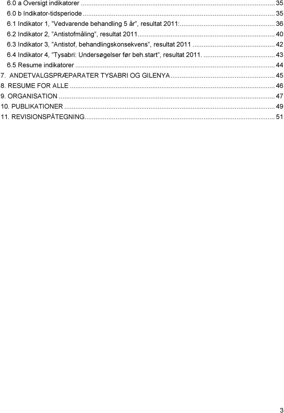 .. 42 6.4 Indikator 4, Tysabri: Undersøgelser før beh.start, resultat 2011.... 43 6.5 Resume indikatorer... 44 7.