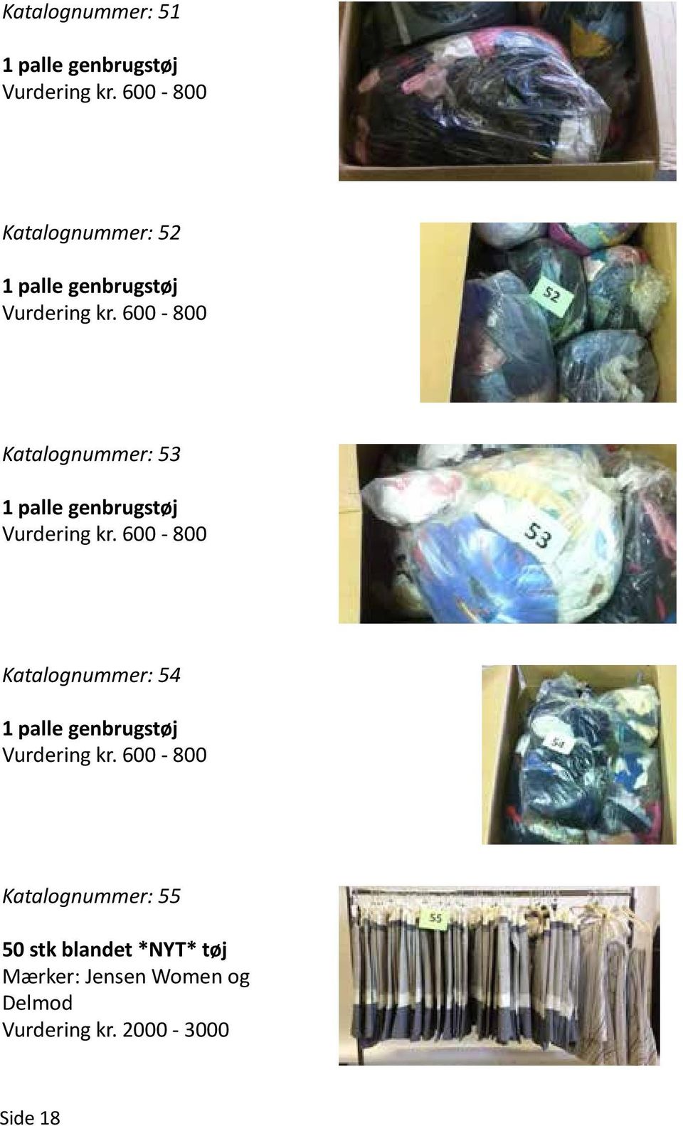 600-800 Katalognummer: 53 1 palle genbrugstøj Vurdering kr.