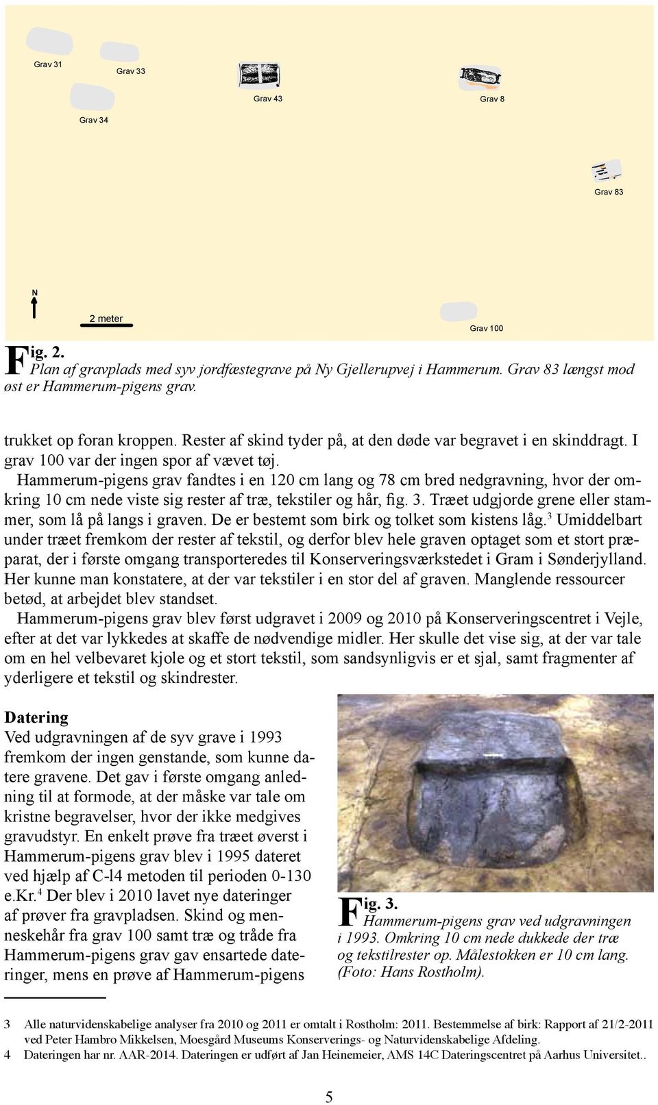 Hammerum-pigens grav fandtes i en 120 cm lang og 78 cm bred nedgravning, hvor der omkring 10 cm nede viste sig rester af træ, tekstiler og hår, fig. 3.