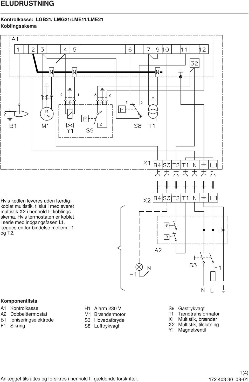 Komponentlista A1 Kontrolkasse A2 Dobbelttermostat B1 Ioniseringselektrode F1 Sikring H1 Alarm 230 V M1 Brændermotor S3 Hovedafbryde S8 Lufttrykvagt S9