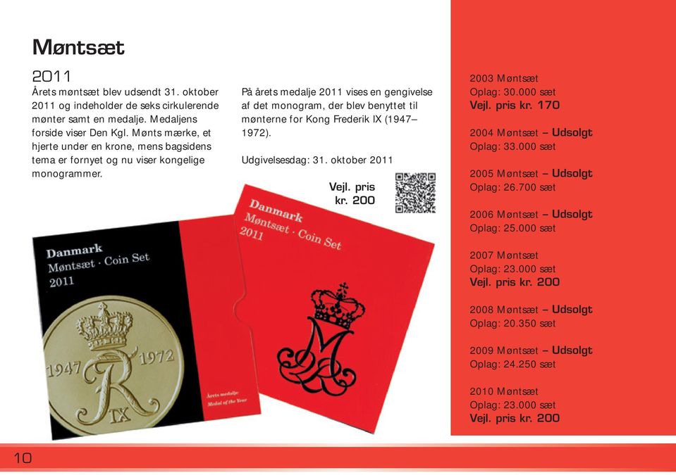 På årets medalje 2011 vises en gengivelse af det monogram, der blev benyttet til mønterne for Kong Frederik IX (1947 1972). Udgivelsesdag: 31. oktober 2011 Vejl. pris kr.