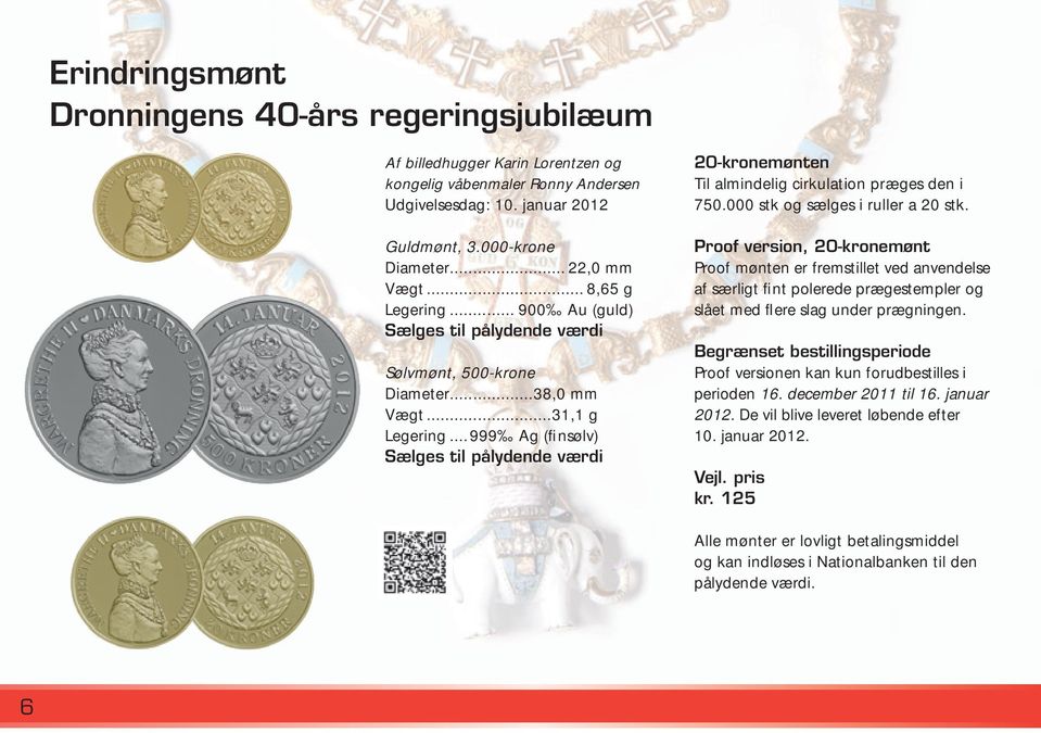 .. 999 Ag (finsølv) Sælges til pålydende værdi 20-kronemønten Til almindelig cirkulation præges den i 750.000 stk og sælges i ruller a 20 stk.