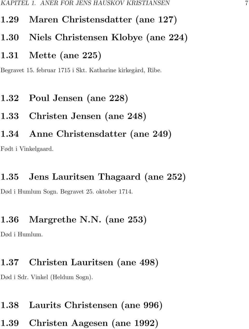 34 Anne Christensdatter (ane 249) Født i Vinkelgaard. 1.35 Jens Lauritsen Thagaard (ane 252) Død i Humlum Sogn. Begravet 25. oktober 1714. 1.36 Margrethe N.