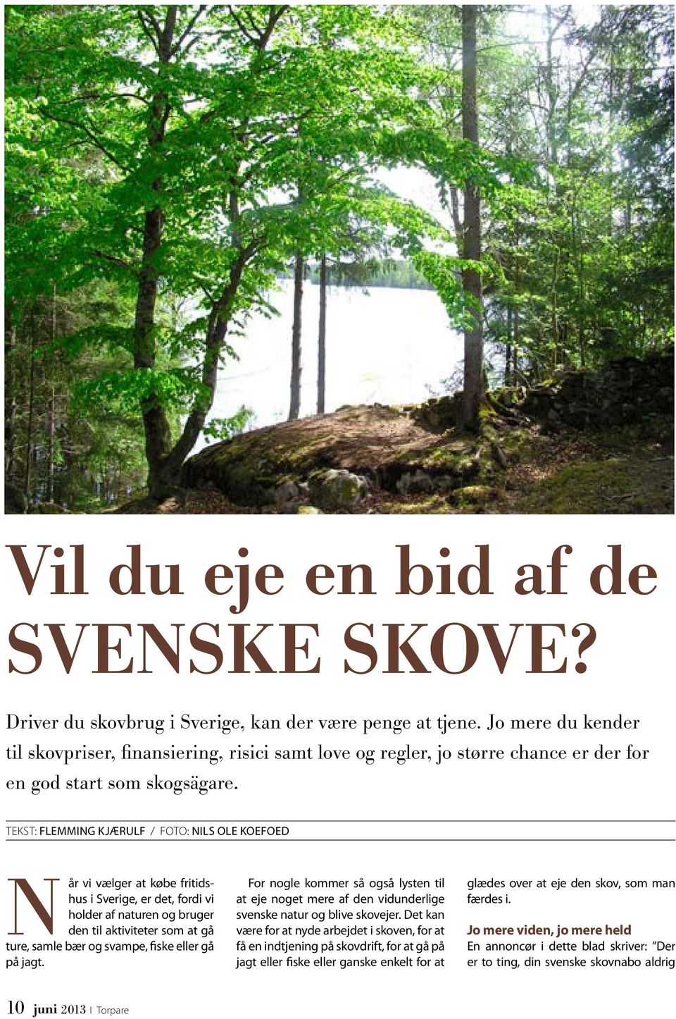 TEKST: FLEMMING KJÆRULF / FOTO: NILS OLE KOEFOED N år vi vælger at købe fritidshus i Sverige, er det, fordi vi holder af naturen og bruger den til aktiviteter som at gå ture, samle bær og svampe,