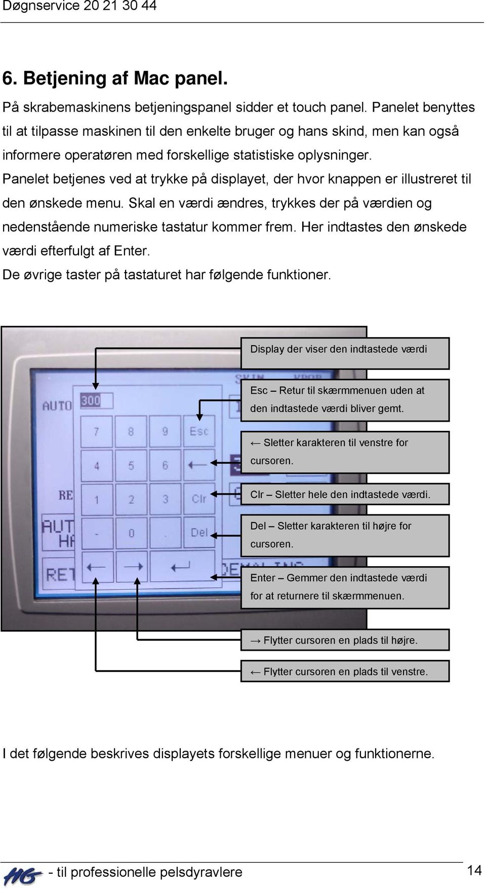 Panelet betjenes ved at trykke på displayet, der hvor knappen er illustreret til den ønskede menu. Skal en værdi ændres, trykkes der på værdien og nedenstående numeriske tastatur kommer frem.