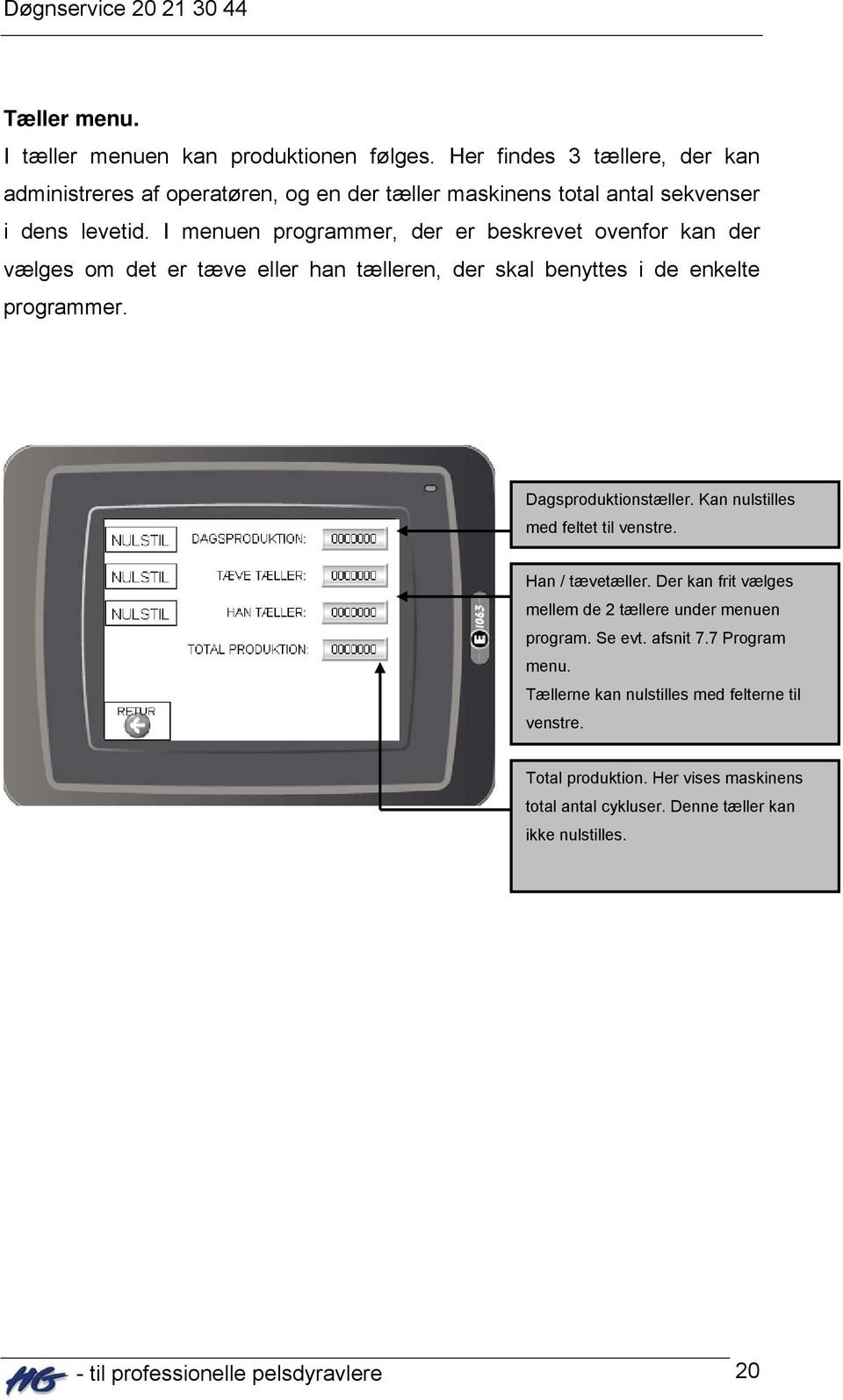 I menuen programmer, der er beskrevet ovenfor kan der vælges om det er tæve eller han tælleren, der skal benyttes i de enkelte programmer. Dagsproduktionstæller.