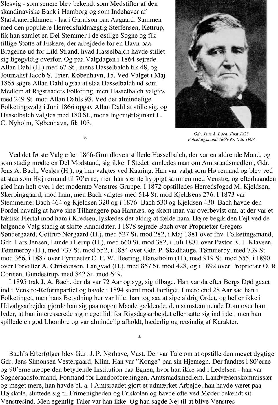 Strand, hvad Hasselbalch havde stillet sig ligegyldig overfor. Og paa Valgdagen i 1864 sejrede Allan Dahl (H.) med 67 St., mens Hasselbalch fik 48, og Journalist Jacob S. Trier, København, 15.