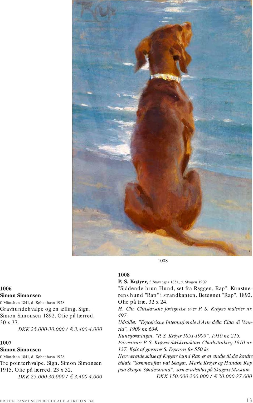Skagen 1909 "Siddende brun Hund, set fra Ryggen, Rap". Kunstnerens hund "Rap" i strandkanten. Betegnet "Rap". 1892. Olie på træ. 32 x 24. H. Chr. Christensens fortegnelse over P. S.