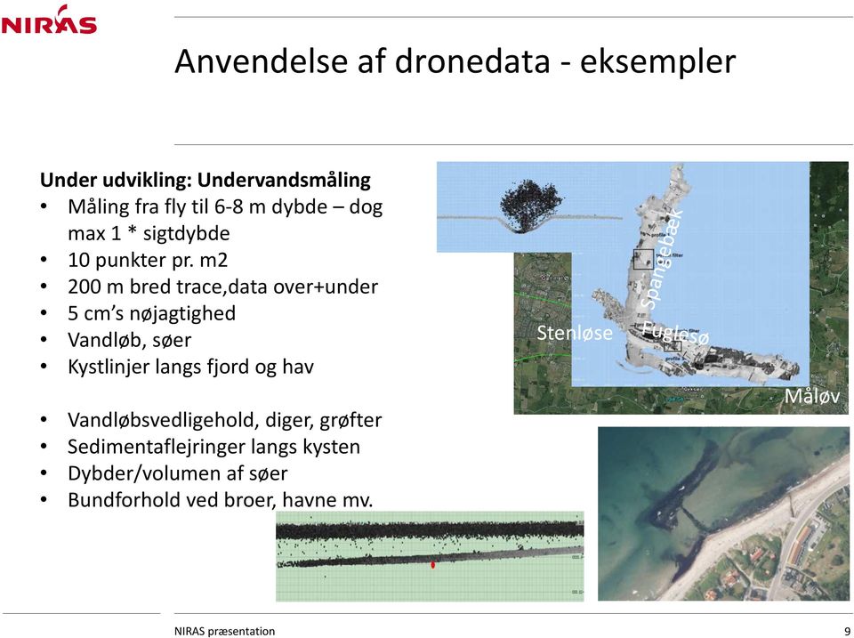 m2 200 m bred trace,data over+under 5 cm s nøjagtighed Vandløb, søer Kystlinjer langs