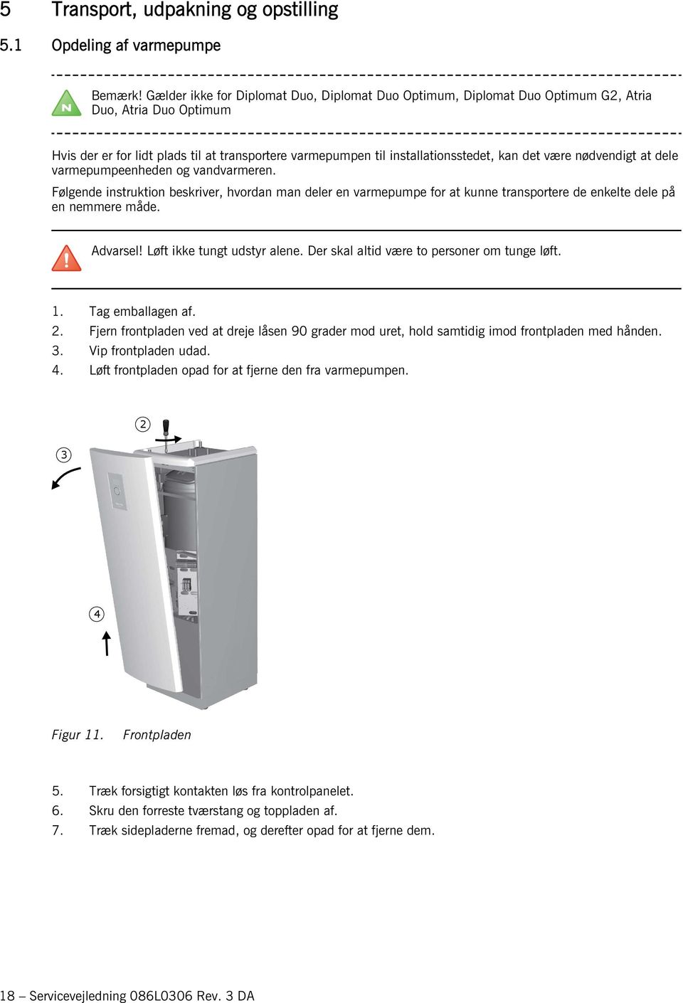 være nødvendigt at dele varmepumpeenheden og vandvarmeren. Følgende instruktion beskriver, hvordan man deler en varmepumpe for at kunne transportere de enkelte dele på en nemmere måde. Advarsel!
