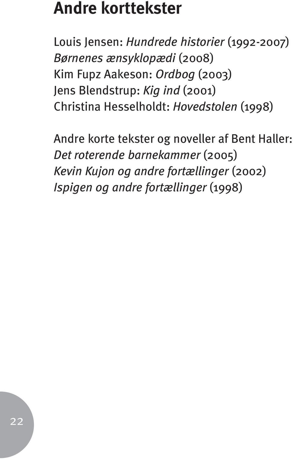 Hesselholdt: Hovedstolen (1998) Andre korte tekster og noveller af Bent Haller: Det