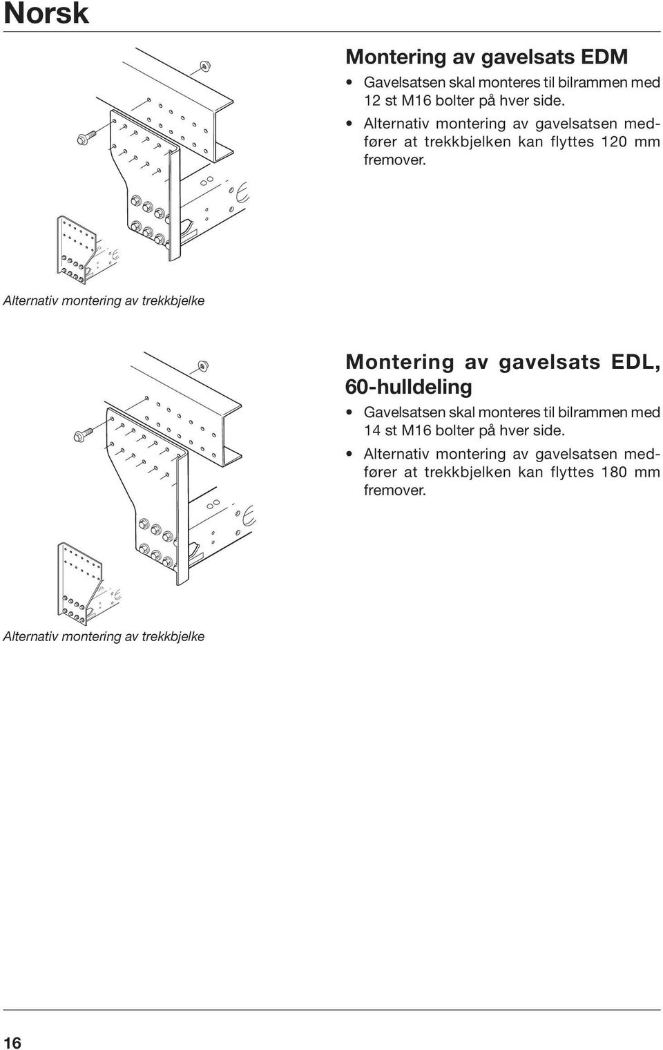 Alternativ montering av trekkbjelke Montering av gavelsats EDL, 60-hulldeling Gavelsatsen skal monteres til bilrammen