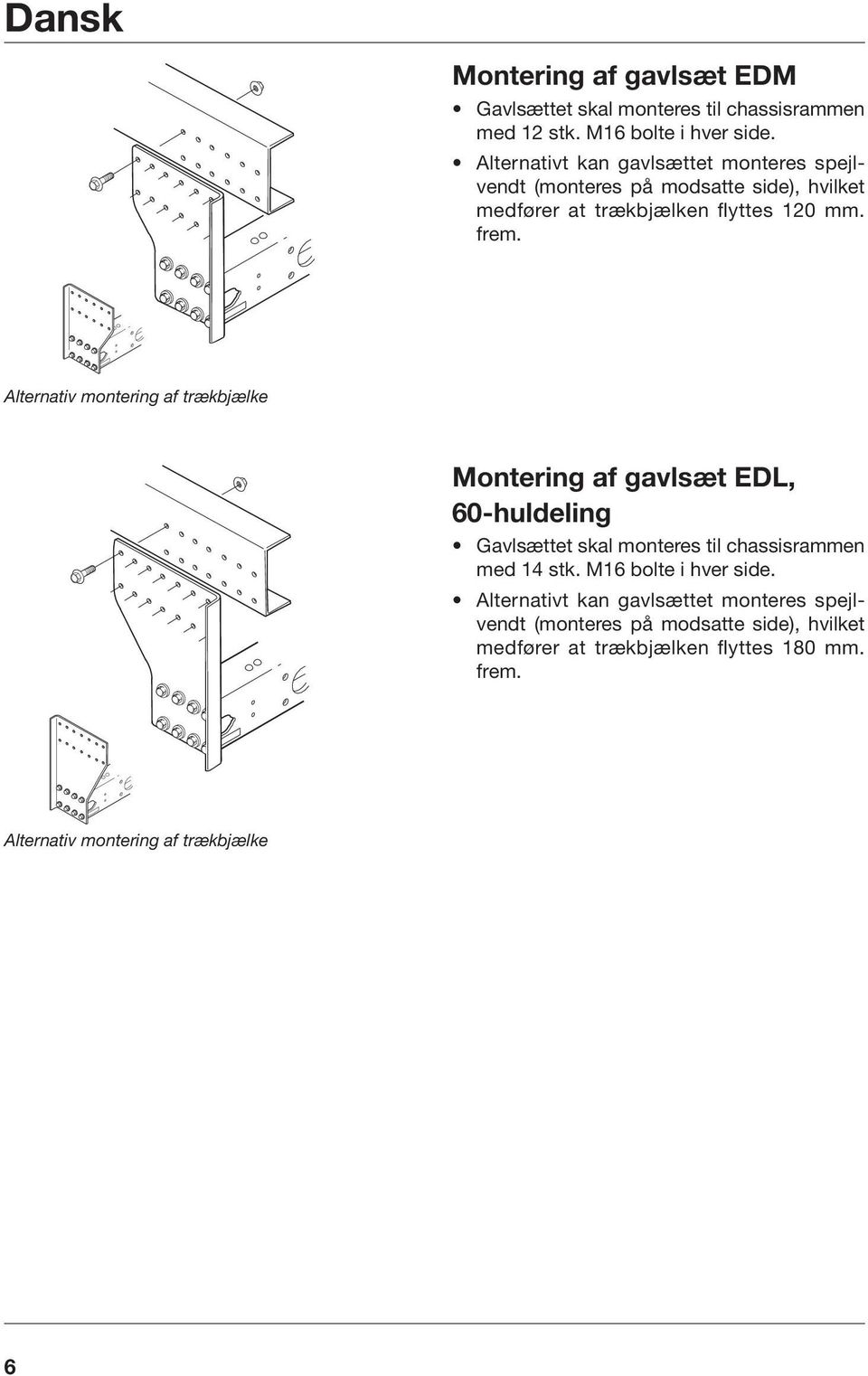 Alternativ montering af trækbjælke Montering af gavlsæt EDL, 60-huldeling Gavlsættet skal monteres til chassisrammen med 14 stk.
