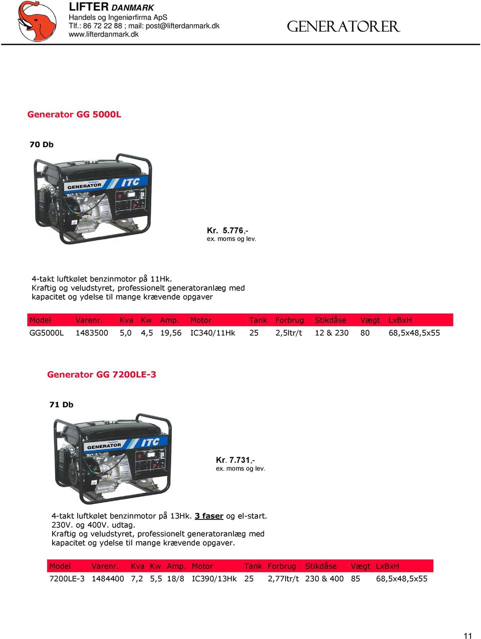 IC340/11Hk 25 2,5ltr/t 12 & 230 80 68,5x48,5x55 Generator GG 7200LE-3 71 Db Kr. 7.731,- 4-takt luftkølet benzinmotor på 13Hk.