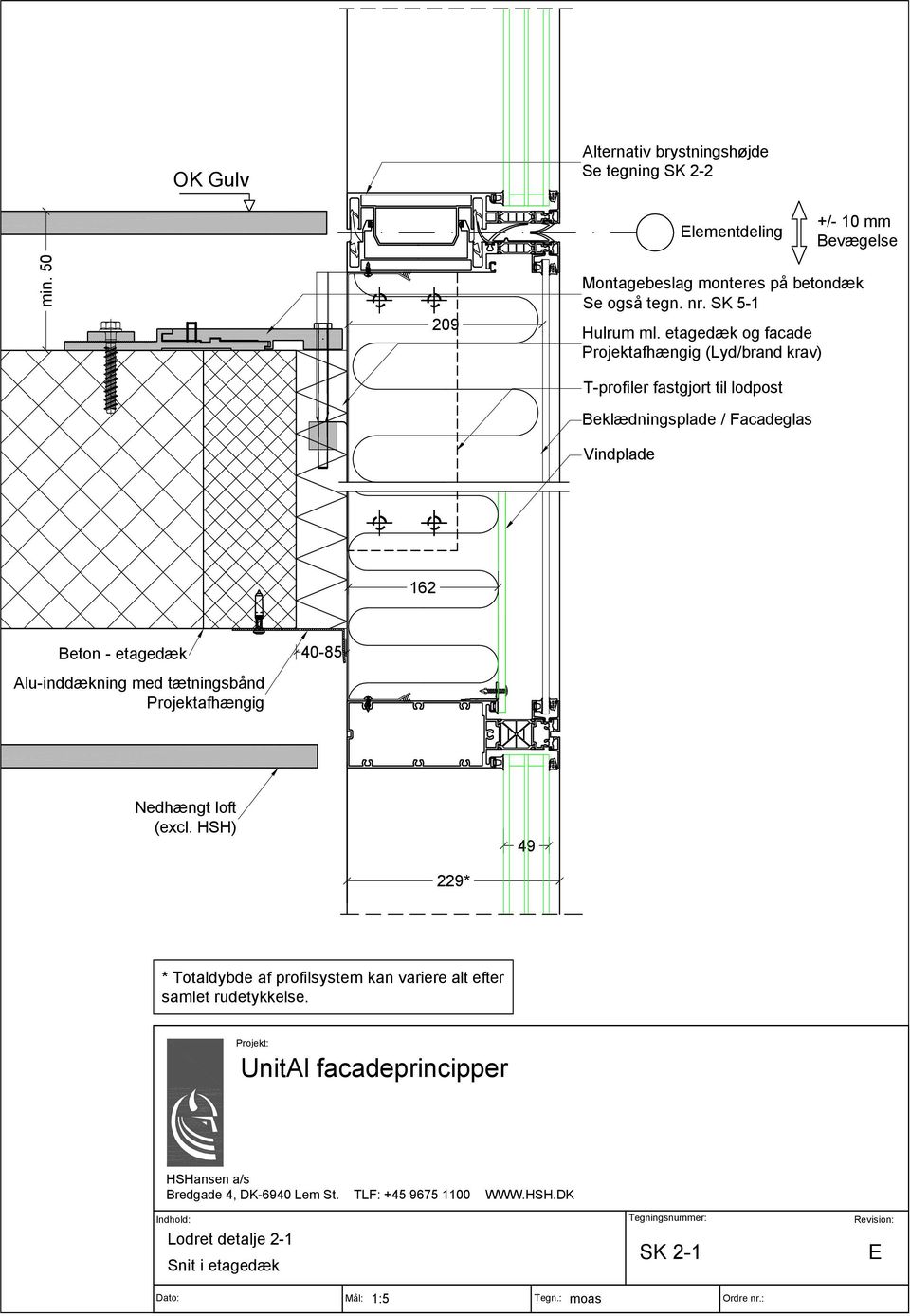 etagedæk og facade Projektafhængig (Lyd/brand krav) T-profiler fastgjort til lodpost Beklædningsplade / Facadeglas Vindplade 12 Beton -