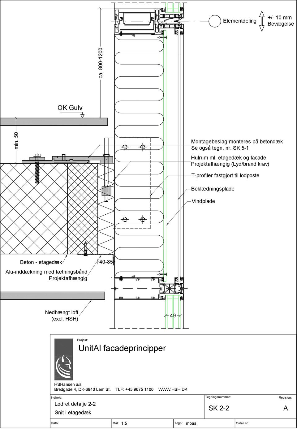 etagedæk og facade Projektafhængig (Lyd/brand krav) T-profiler fastgjort til lodposte Beklædningsplade