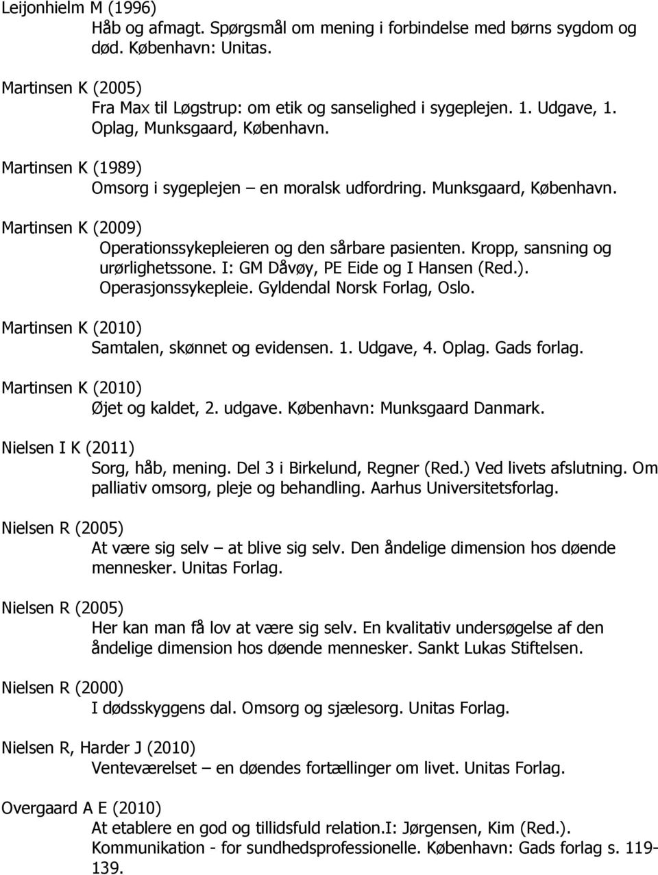 Kropp, sansning og urørlighetssone. I: GM Dåvøy, PE Eide og I Hansen (Red.). Operasjonssykepleie. Gyldendal Norsk Forlag, Oslo. Martinsen K (2010) Samtalen, skønnet og evidensen. 1. Udgave, 4. Oplag.