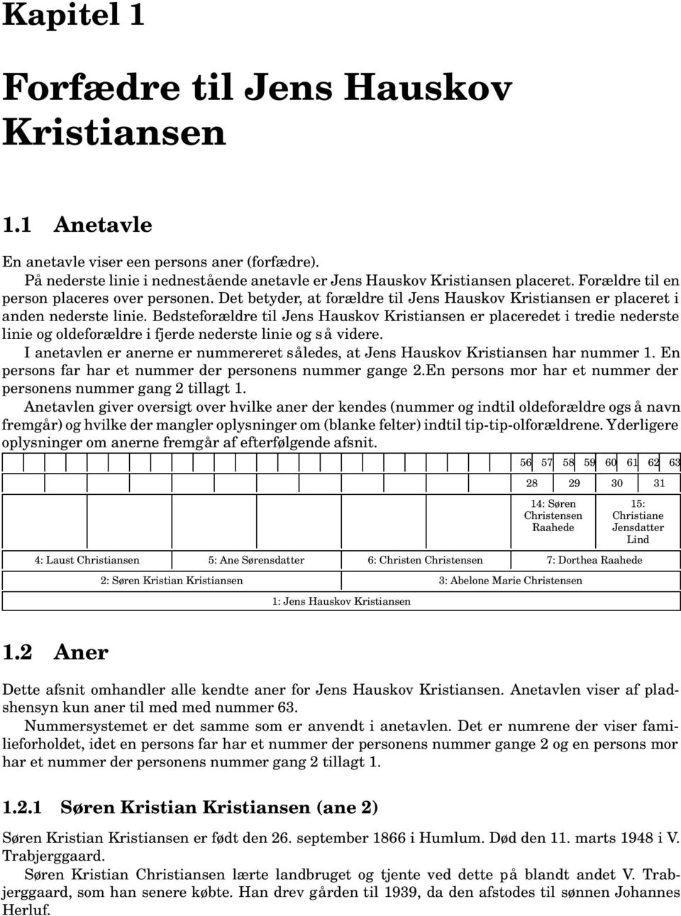 Bedsteforældre til Jens Hauskov Kristiansen er placeredet i tredie nederste linie og oldeforældre i fjerde nederste linie og s å videre.