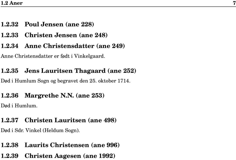 N. (ane 253) Død i Humlum. 1.2.37 Christen Lauritsen (ane 498) Død i Sdr. Vinkel (Heldum Sogn). 1.2.38 Laurits Christensen (ane 996) 1.