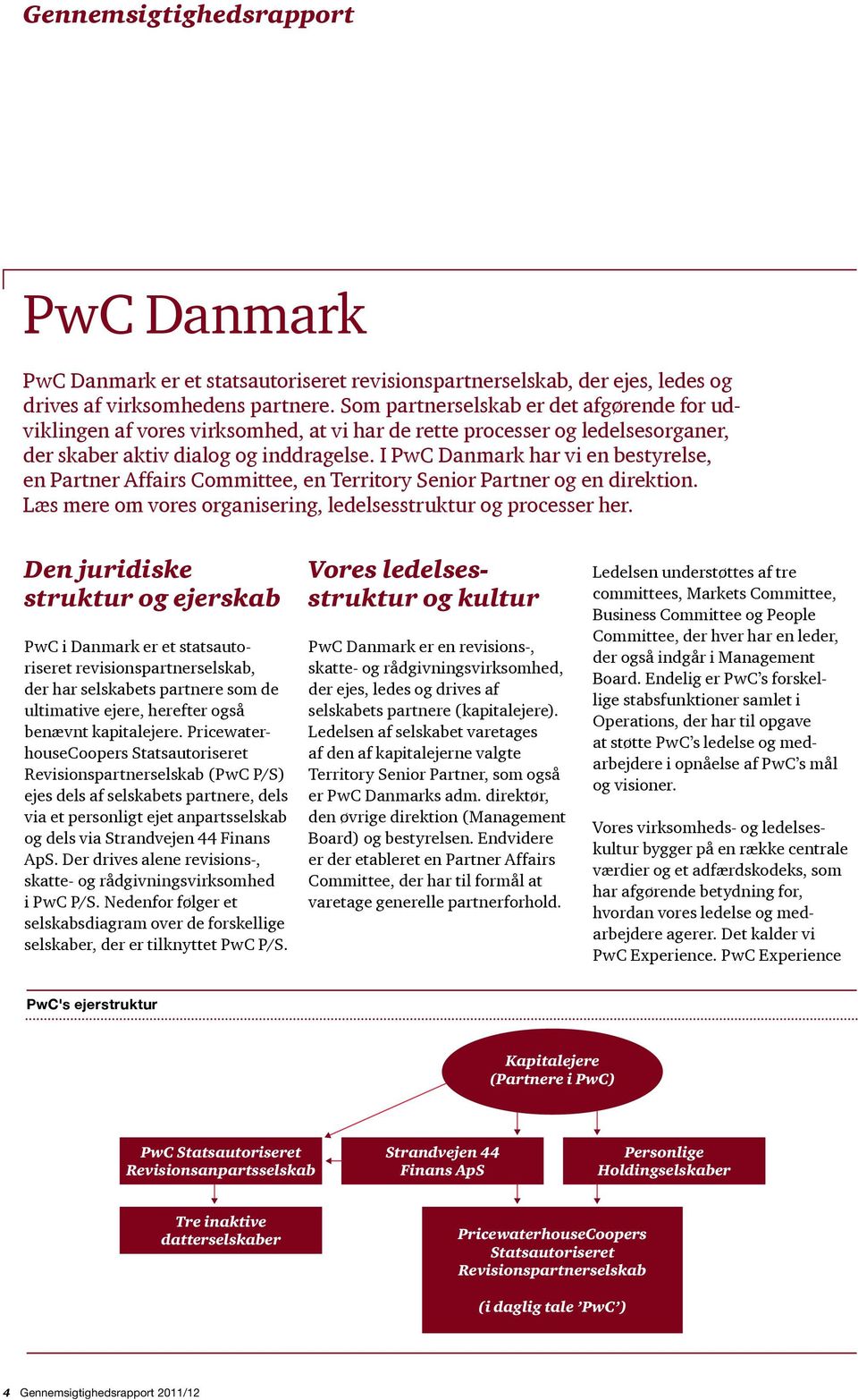 I PwC Danmark har vi en bestyrelse, en Partner Affairs Committee, en Territory Senior Partner og en direktion. Læs mere om vores organisering, ledelsesstruktur og processer her.