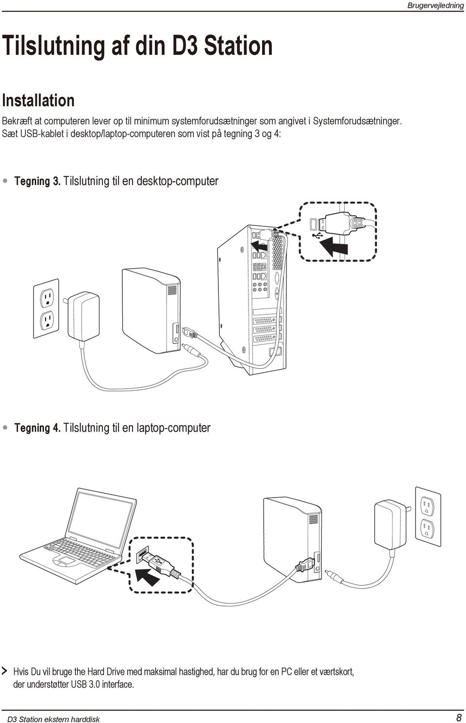 Sæt USB-kablet i desktop/laptop-computeren som vist på tegning 3 og 4: Tegning 3.
