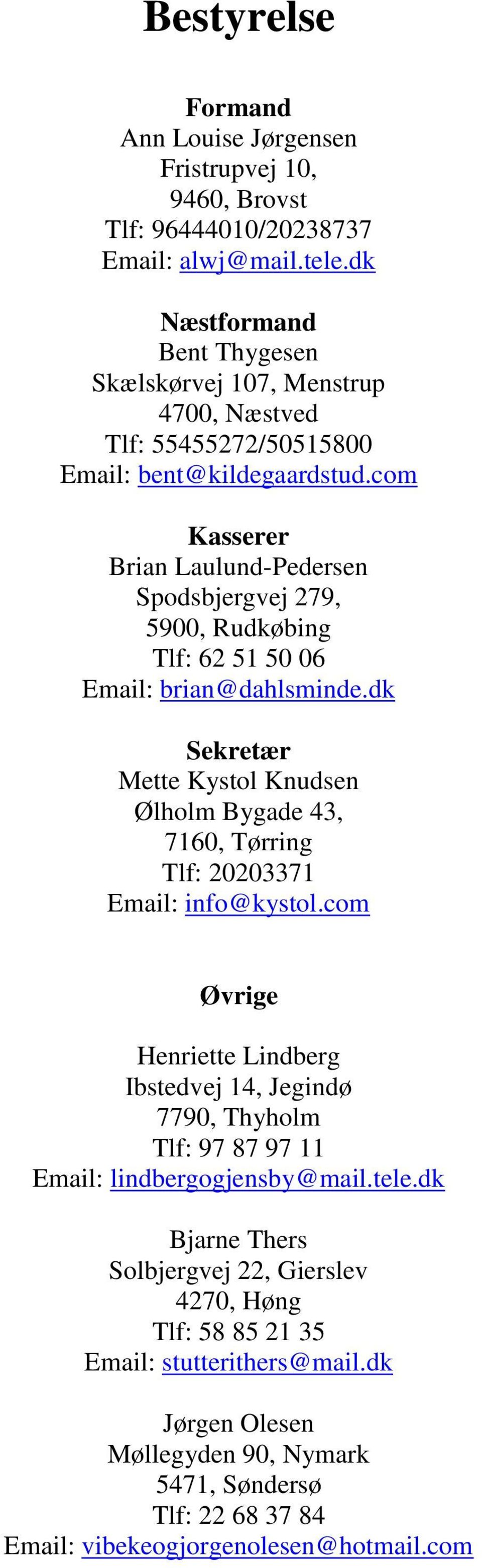 com Kasserer Brian Laulund-Pedersen Spodsbjergvej 279, 5900, Rudkøbing Tlf: 62 51 50 06 Email: brian@dahlsminde.