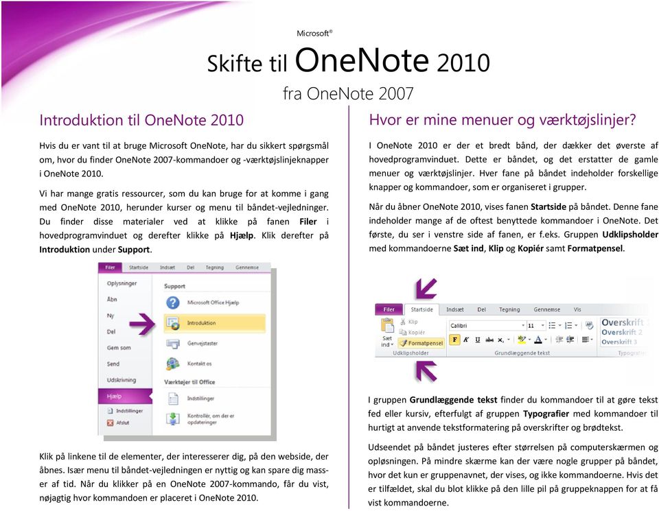 Vi har mange gratis ressourcer, som du kan bruge for at komme i gang med OneNote 2010, herunder kurser og menu til båndet-vejledninger.