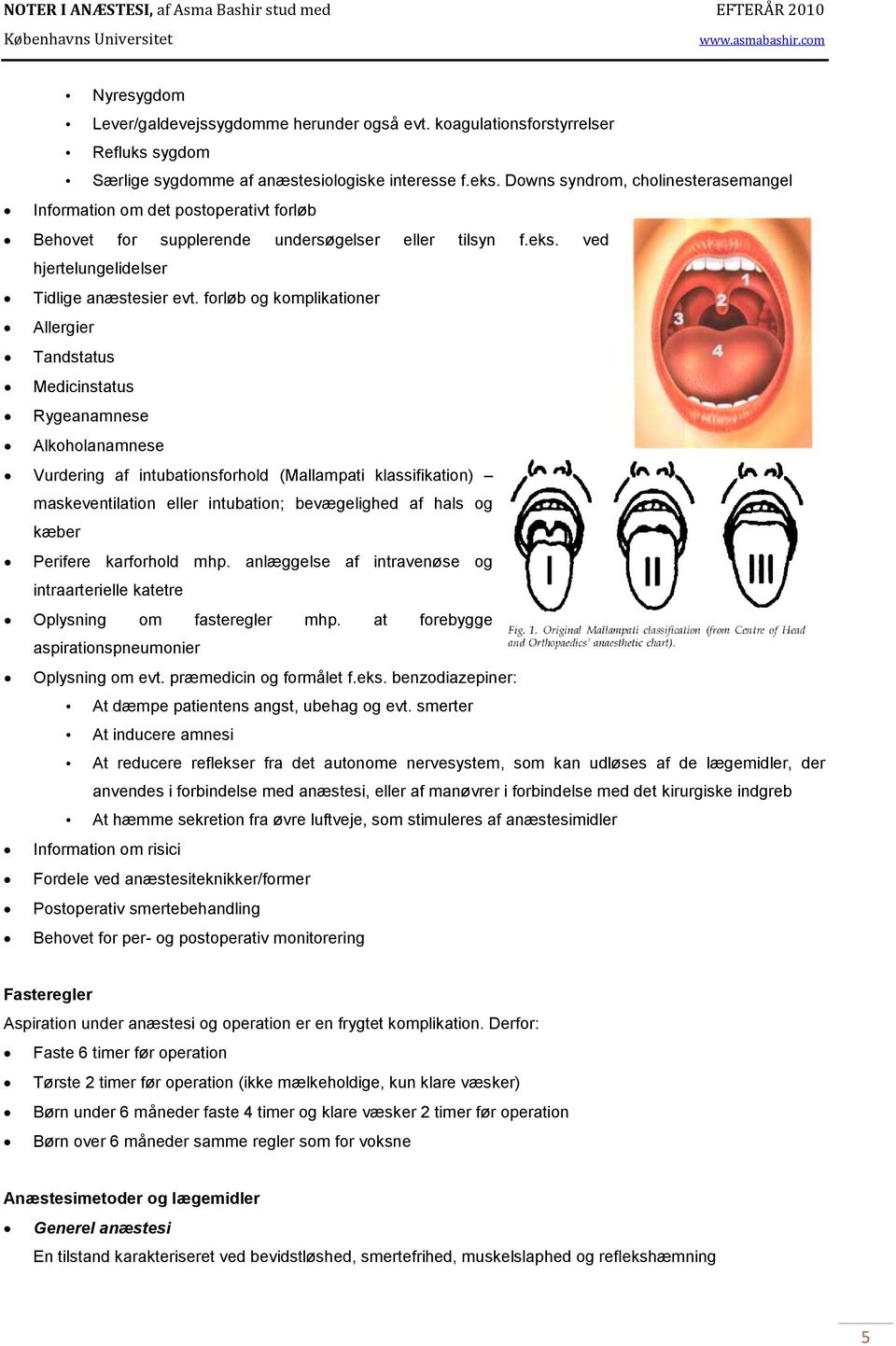 forløb og komplikationer Allergier Tandstatus Medicinstatus Rygeanamnese Alkoholanamnese Vurdering af intubationsforhold (Mallampati klassifikation) maskeventilation eller intubation; bevægelighed af