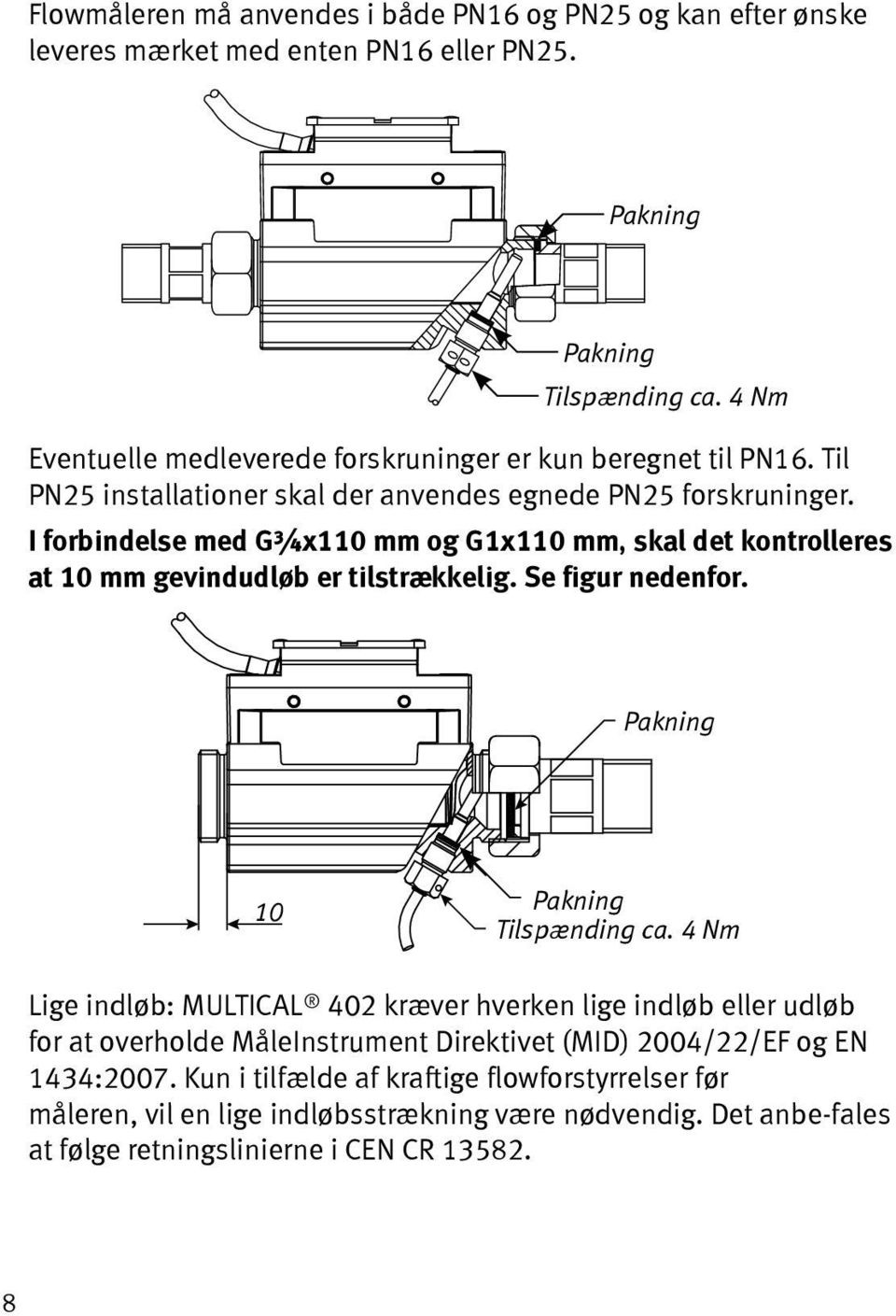 I forbindelse med G¾x110 mm og G1x110 mm, skal det kontrolleres at 10 mm gevindudløb er tilstrækkelig. Se figur nedenfor. Pakning 10 Pakning Tilspænding ca.
