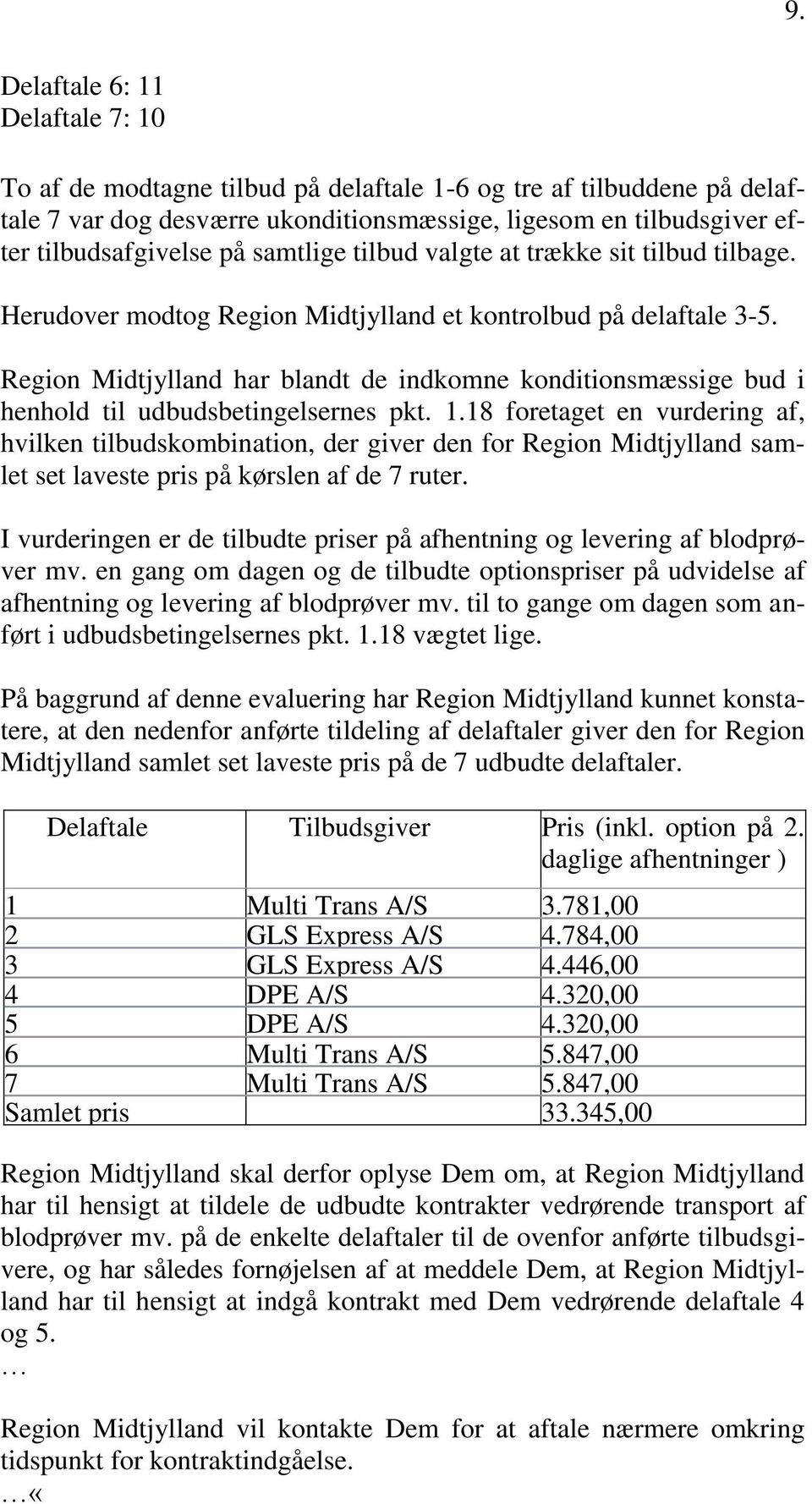 Region Midtjylland har blandt de indkomne konditionsmæssige bud i henhold til udbudsbetingelsernes pkt. 1.