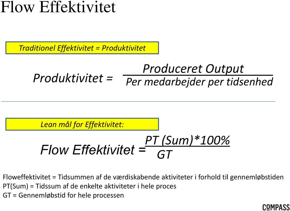 Floweffektivitet = Tidsummen af de værdiskabende aktiviteter i forhold til gennemløbstiden