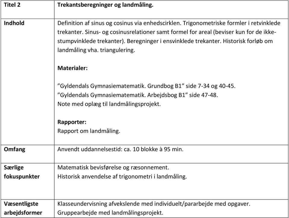 Gyldendals Gymnasiematematik. Grundbog B1 side 7-34 og 40-45. Gyldendals Gymnasiematematik. Arbejdsbog B1 side 47-48. Note med oplæg til landmålingsprojekt. Rapporter: Rapport om landmåling.