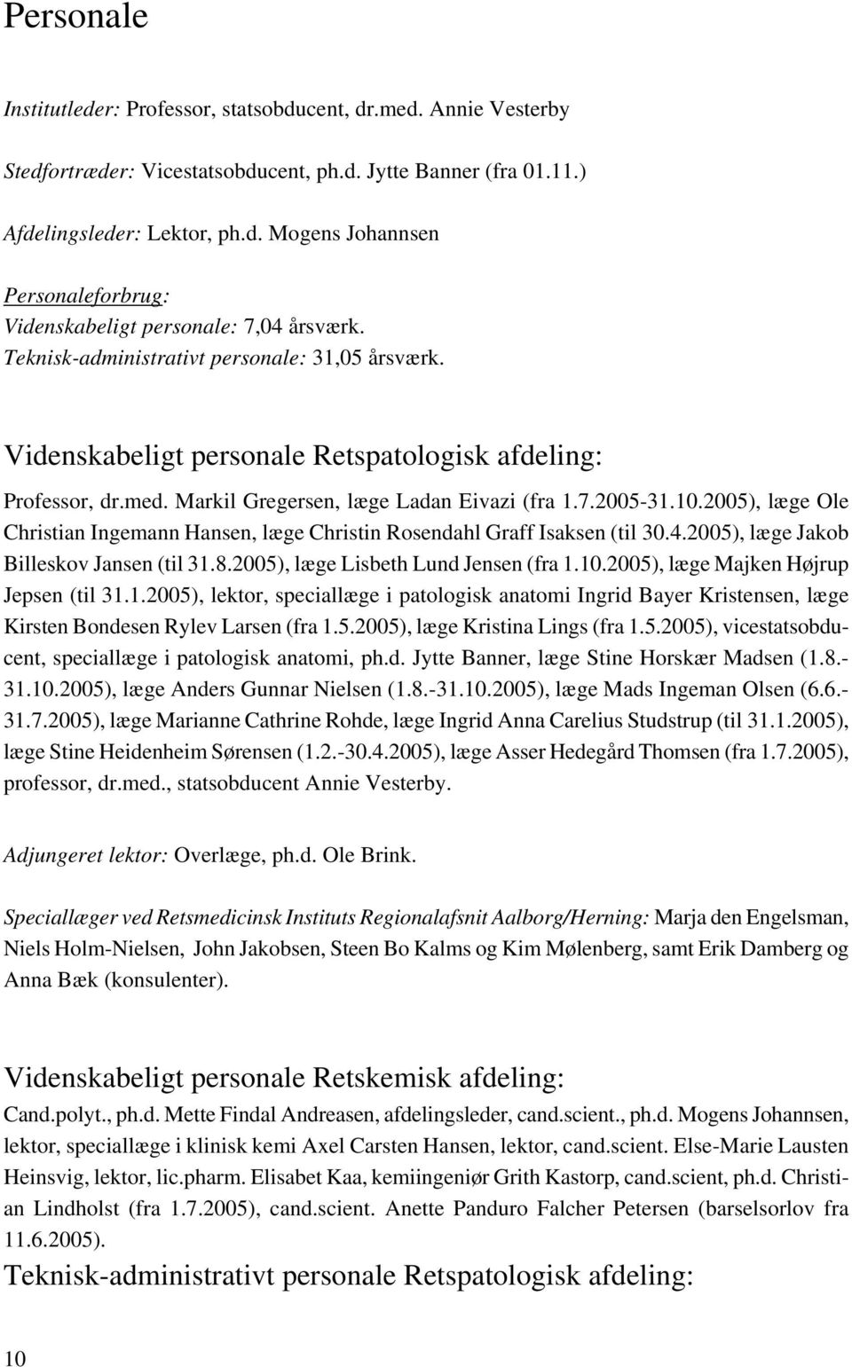2005), læge Ole Christian Ingemann Hansen, læge Christin Rosendahl Graff Isaksen (til 30.4.2005), læge Jakob Billeskov Jansen (til 31.8.2005), læge Lisbeth Lund Jensen (fra 1.10.