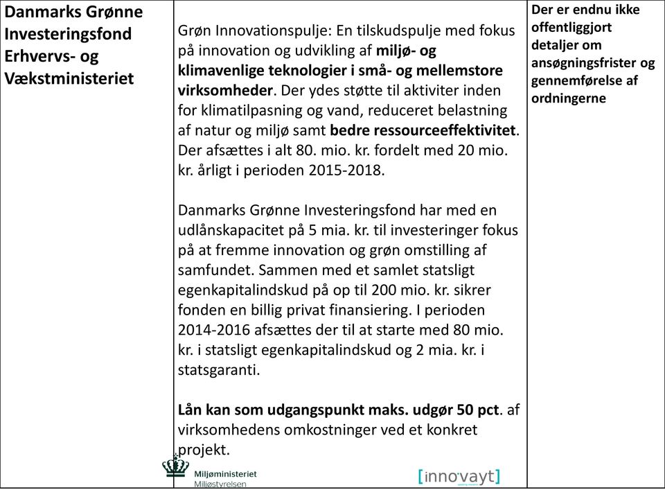 fordelt med 20 mio. kr. årligt i perioden 2015-2018. Danmarks Grønne Investeringsfond har med en udlånskapacitet på 5 mia. kr. til investeringer fokus på at fremme innovation og grøn omstilling af samfundet.