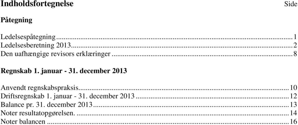 december 2013 Anvendt regnskabspraksis... 10 Driftsregnskab 1. januar - 31.