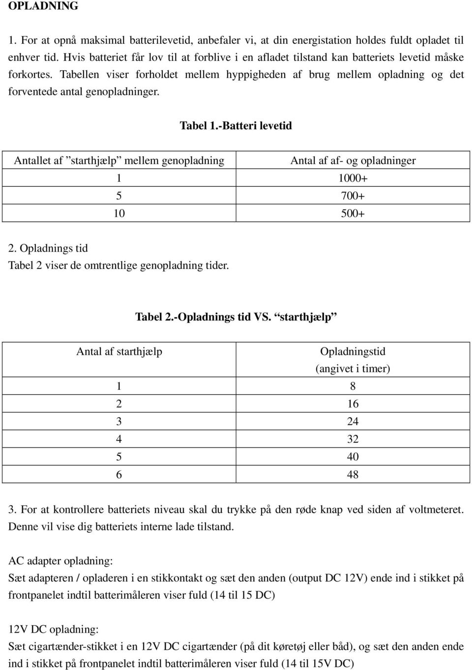 Tabellen viser forholdet mellem hyppigheden af brug mellem opladning og det forventede antal genopladninger. Tabel 1.