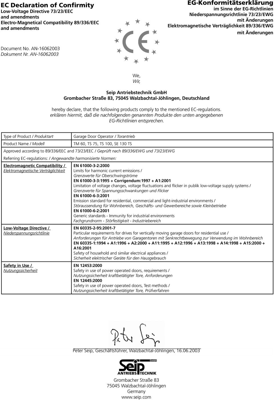AN-16062003 We, Wir, Seip Antriebstechnik GmbH Grombacher Straße 83, 75045 Walzbachtal-Jöhlingen, Deutschland hereby declare, that the following products comply to the mentioned EC-regulations.