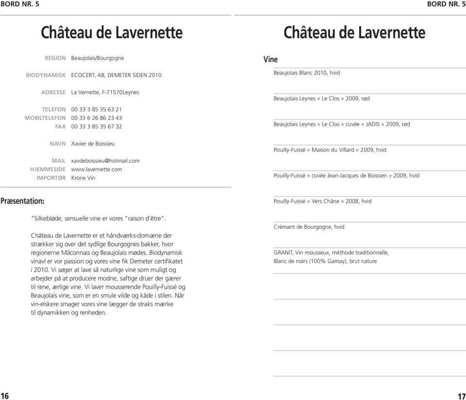 26 86 23 43 00 33 3 85 35 67 32 Beaujolais Leynes «Le Clos» 2009, rød Beaujolais Leynes «Le Clos» cuvée «JADIS» 2009, rød Xavier de Boissieu xavdeboissieu@hotmail.com www.lavernette.