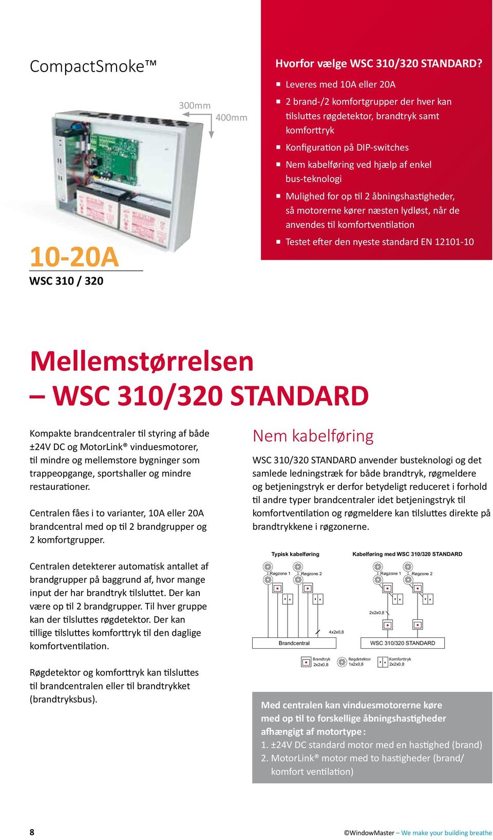 10-20A WSC 310 / 320 ulighed for op til 2 åbningshastigheder, så motorerne kører næsten lydløst, når de anvendes til komfortventilation Testet efter den nyeste standard EN 12101-10 ellemstørrelsen
