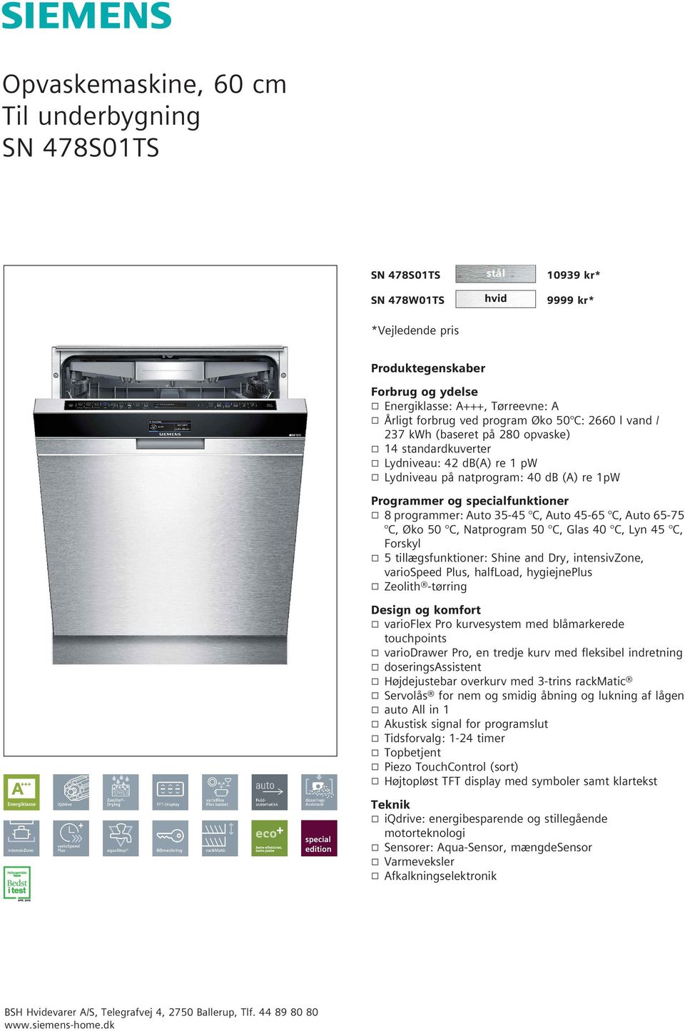 Opvaskemaskine, 60 cm Til underbygning SN 478S01TS - PDF Gratis download