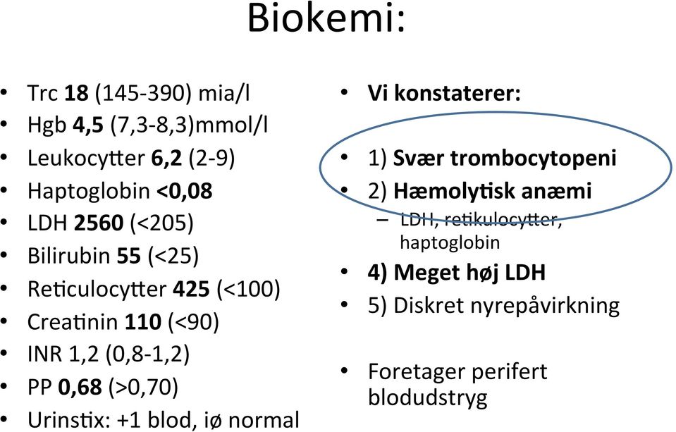 (>0,70) Urins)x: +1 blod, iø normal Vi konstaterer: 1) Svær trombocytopeni 2) HæmolyFsk anæmi LDH,