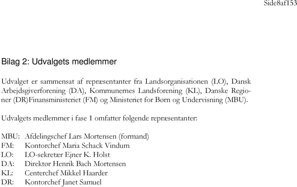 Undervisning (MBU) Udvalgets medlemmer i fase 1 omfatter følgende repræsentanter: MBU: Afdelingschef Lars Mortensen (formand) FM: