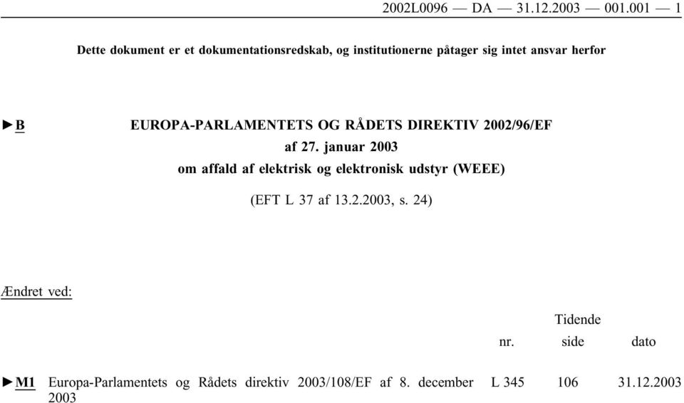 EUROPA-PARLAMENTETS OG RÅDETS DIREKTIV 2002/96/EF af 27.