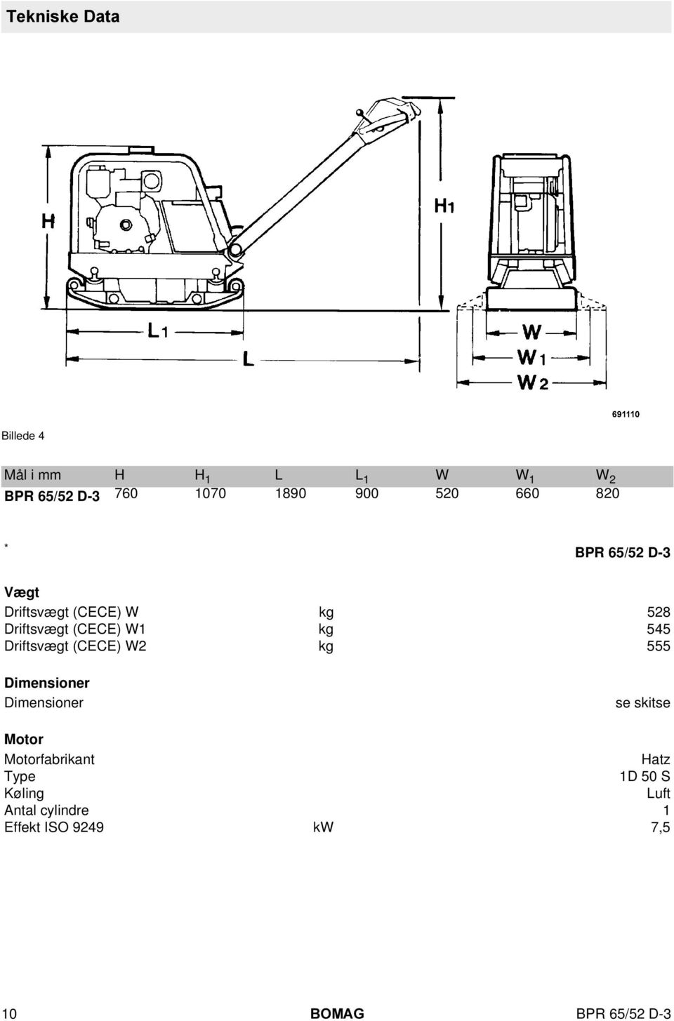 Driftsvægt (CECE) W2 kg 555 Dimensioner Dimensioner se skitse Motor