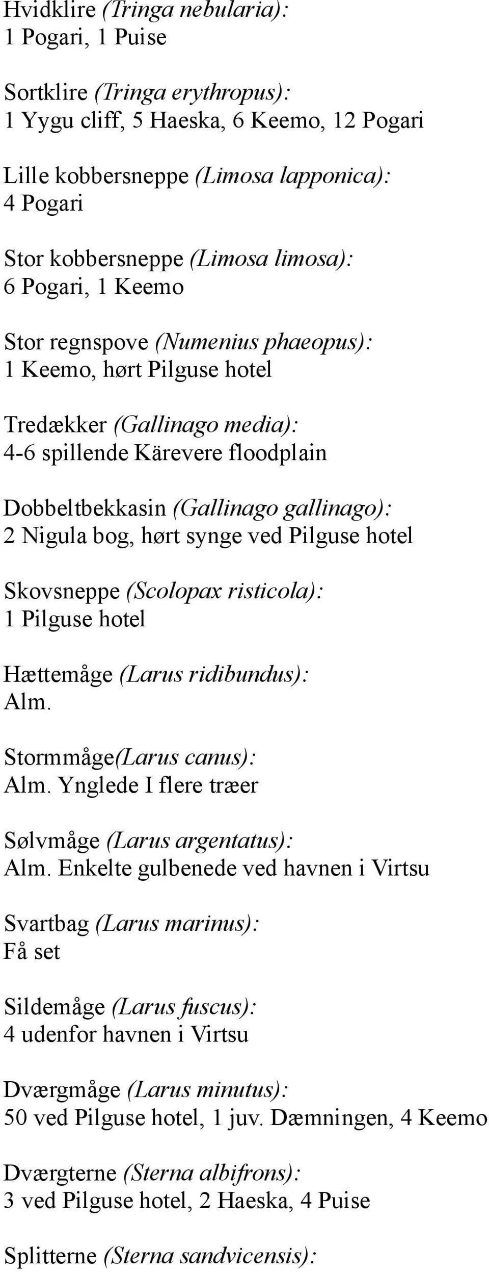 Nigula bog, hørt synge ved Pilguse hotel Skovsneppe (Scolopax risticola): 1 Pilguse hotel Hættemåge (Larus ridibundus): Stormmåge(Larus canus): Ynglede I flere træer Sølvmåge (Larus argentatus):
