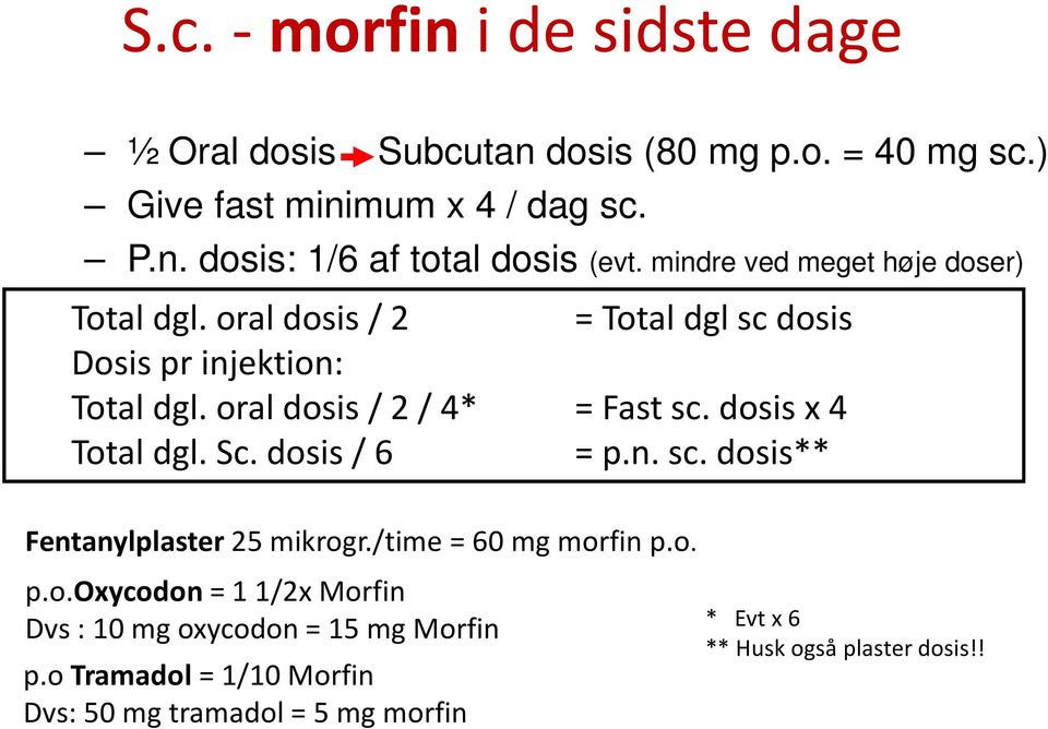 dosis x 4 Total dgl. Sc. dosis / 6 = p.n. sc. dosis** Fentanylplaster 25 mikrogr./time = 60 mg morfin p.o. p.o.oxycodon = 1 1/2x Morfin Dvs : 10 mg oxycodon = 15 mg Morfin p.