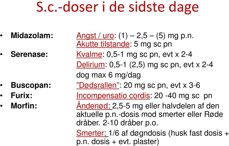 Akutte tilstande: 5 mg sc pn Serenase: Kvalme: 0,5-1 mg sc pn, evt x 2-4 Delirium: 0,5-1 (2,5) mg sc pn, evt x 2-4 dog