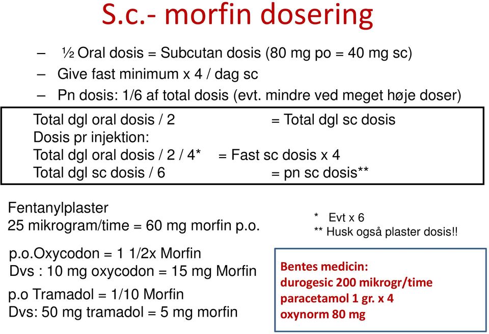 sc dosis / 6 = pn sc dosis** Fentanylplaster 25 mikrogram/time = 60 mg morfin p.o. p.o.oxycodon = 1 1/2x Morfin Dvs : 10 mg oxycodon = 15 mg Morfin p.