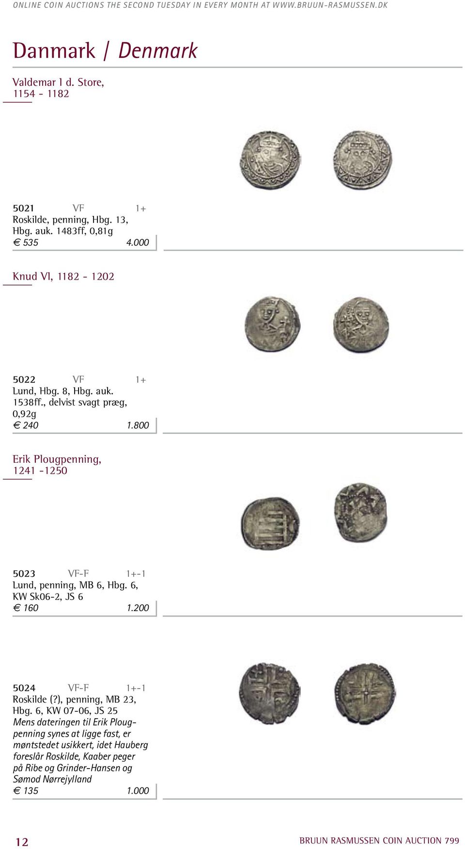 800 Erik Plougpenning, 1241-1250 5023 VF-F 1+-1 Lund, penning, MB 6, Hbg. 6, KW Sk06-2, JS 6 160 1.200 5024 VF-F 1+-1 Roskilde (?), penning, MB 23, Hbg.